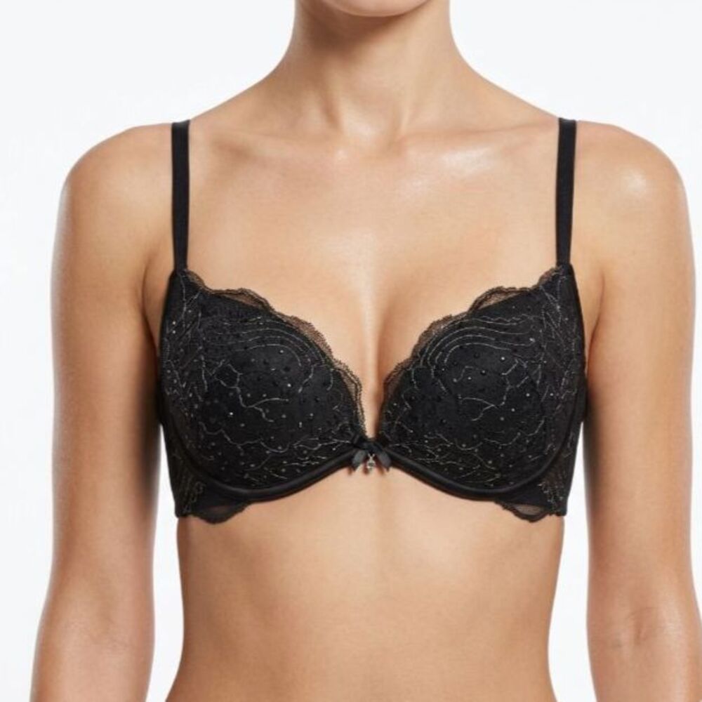 Victoria's Secret Black Gemstone Lace Detail Underwire Plunge Bra Size 32C